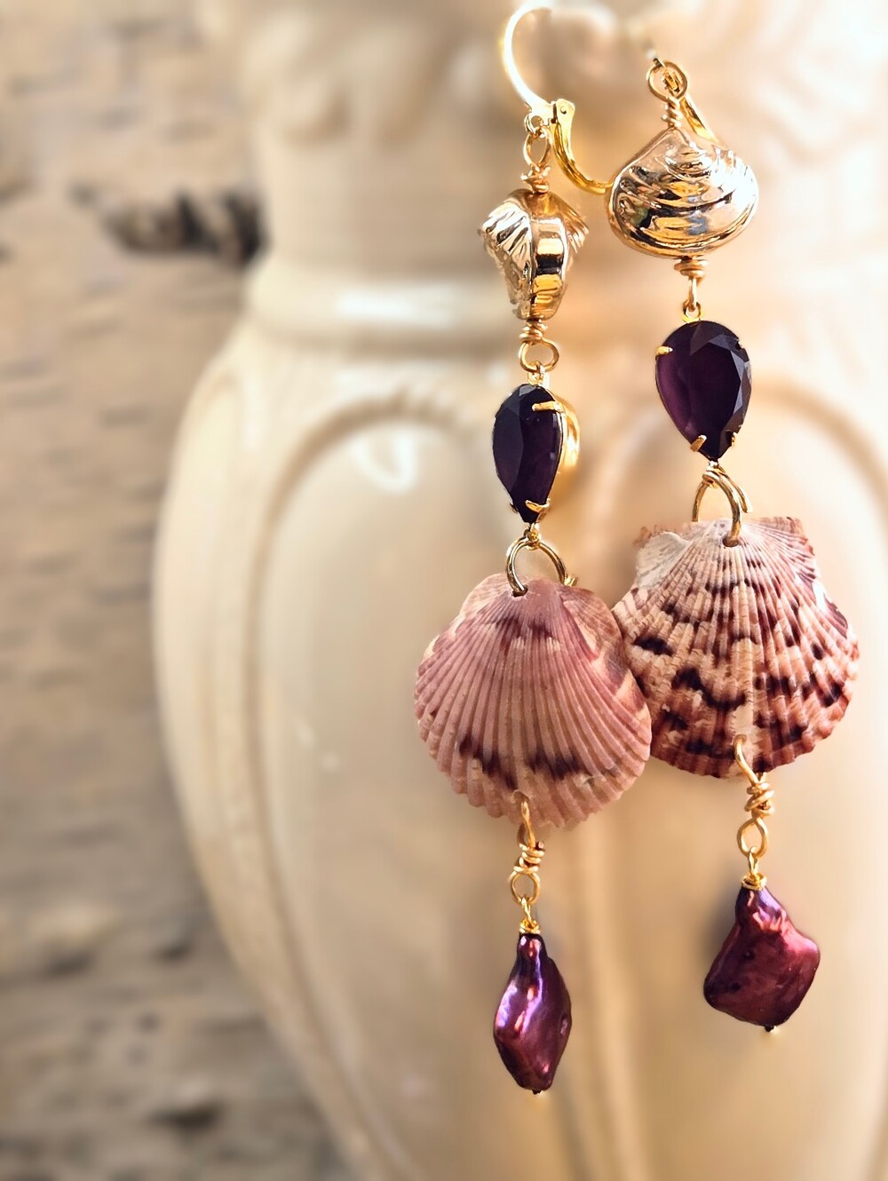 Artisan Alchemy: Burgundy Crystal W/ Natural Sea Shells & Pearls Long Earrings
